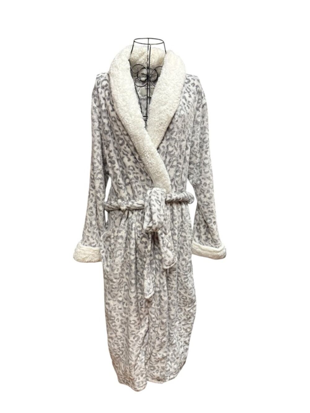 Anne Klein Cream & Gray Leopard Plush Shawl-Collar Robe Sherpa Trim L/XL